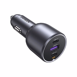 Ugreen 130W 3-Port Fast Car Char gray Ausinės, Mobilus kompiuteris, Mobilusis telefonas, Knyginis kompiuteris, Išorinė baterija, Telefonas Pilka Cigarų pridegiklis Automatinis