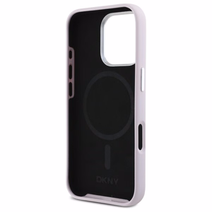 DKNY skystos silikoninės medžiagos dėklas telefonui su mažu metaliniu logotipu magnetinis iPhone 16 Pro - rožinis
