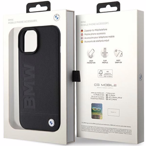 BMW Leather Hot Stamp dėklas, skirtas iPhone 15 Plus, su MagSafe, juodas