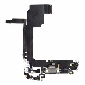Original charging-port flex cable removed from a donor device for iPhone 15 Pro Max – black