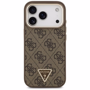 Чехол Guess PU Leather 4G Strass Triangle Logo Gold Frame MagSafe для Apple iPhone 18 Pro, коричневый