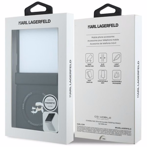 Juodas „Karl Lagerfeld Karl & Choupette Pins MagSafe“ dėklas, skirtas „Samsung Galaxy Z Flip8“