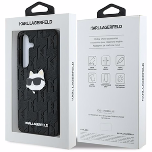 Dėklas Karl Lagerfeld Odinis Monogram Pin Logo Choupette Head Samsung Galaxy S25 juodas