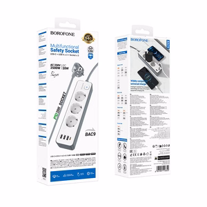 Borofone Удлинитель BAC9 — 3 розетки 240V + 3xUSB + Type C PD 20W, 2 метра — чёрный