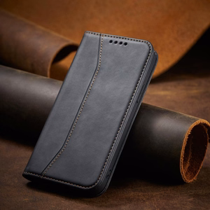 Magnetinis puošnus dėklas telefonui iPhone 14 su atverčiamu dangteliu, pinigine ir stovu, juoda