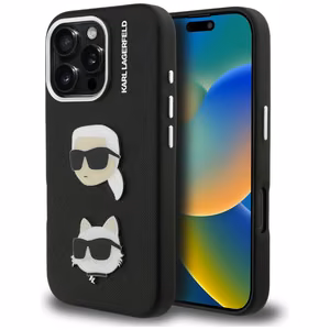 Karl Lagerfeld FW Grained Karl & Choupette Heads Pins Case for iPhone 16 Pro Max - Black