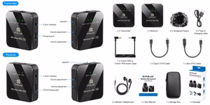 Bevielis skaitmeninis dvigubas mikrofonas, prisegamas, OTG USB Type-C, Lightning
