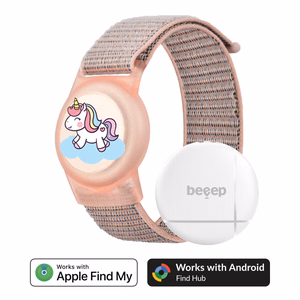 Beeep OneTag paieškos žymeklis su vaikiška apyranke ir Velcro užsegimu „Unicorn“, Apple Find My / Android