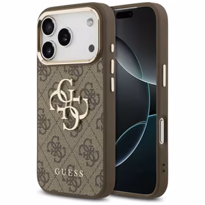 Guess PU Leather 4G Metal Logo Gold Frame dėklas Apple iPhone 18 Pro Max, rudas