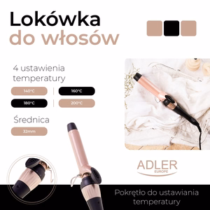 Adler AD 2118 – керамическая плойка, 32 мм, до 200 °C, 56 Вт, чёрно-розовая