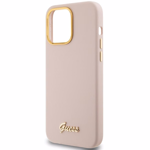 Guess Silicone Script Metal Logo & Frame dėklas telefonui iPhone 15 Pro - rožinis