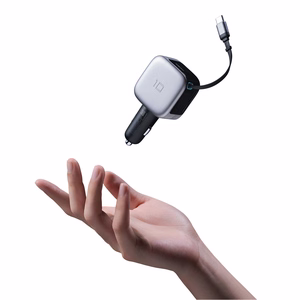 Cuktech CC903P automobilinis įkroviklis 100 W, su ekranu ir 70 cm įtraukiamu USB-C laidu – pilkas
