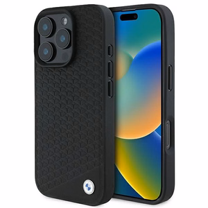 BMW Signature Leather Diamond Metal Logo MagSafe Чехол для iPhone 16 Pro Max - чёрный