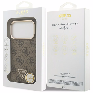 Чехол Guess PU Leather 4G Strass Triangle Logo Gold Frame MagSafe для Apple iPhone 18 Pro, коричневый