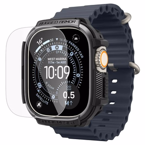 Spigen Rugged Armor dėklas ir 9H grūdintas stiklas Apple Watch Ultra 49 mm, matinis juodas