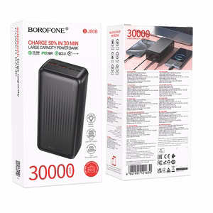 Borofone išorinė baterija 30000mAh BJ80B Clever – 2xUSB + Type C – QC 3.0 22,5W PD 20W, juoda