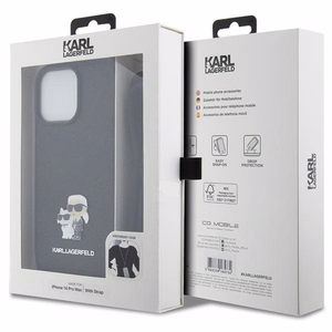 Karl Lagerfeld KLHCP14XSAKCPSK dėklas iPhone 14 Pro Max 6.7" kietas dėklas - juodas kryžminis Saffiano metalinis smeigtukas Karl&Choupette