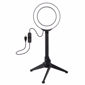LED žiedinė lempa 12cm, su trikoju staliniu stovu iki 21.8cm, USB,