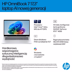 HP OmniBook 7 Next Gen AI 17-DC0073CL Copilot+ PC Intel Core Ultra 7 258V Nešiojamas kompiuteris 43.9 cm (17.3") Full HD Jutiklinis ekranas 32 GB LPDDR5x-SDRAM 1 TB SSD NVIDIA GeForce RTX 4050 Wi-Fi 6E (802.11ax) Windows 11 Home Silver New Repack/Repacked