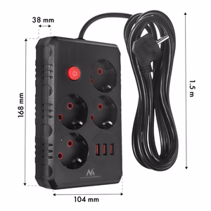 Maclean elektros paskirstytuvas, 4 lizdai + 3xUSB prailginimo laidas, 110–240 V kintama srovė, 50/60 Hz, 2,1 A, maks. 2500 W, 1,5 m, juodas, MCE392 B