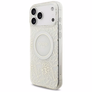 Чехол Guess IML MagSafe с цветочным рисунком, металлизированной отделкой и жемчужным ремешком для iPhone 18 Pro Max / 17 Pro Max, белый