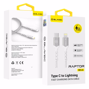 Blavec Kabelis Raptor plecioninis - USB-C į Lightning - PD 20W 2,4A 3 m Apple CarPlay (CRA-CL24WS30) baltas sidabrinis