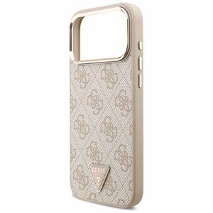 Guess PU Leather 4G Strass Triangle Logo Gold Frame MagSafe case for Apple iPhone 18 Pro Max, Pink