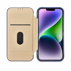 iCarer CE Premium odinis folio dėklas iPhone 14 Plus magnetinis atverčiamas odinis folio dėklas MagSafe mėlyna