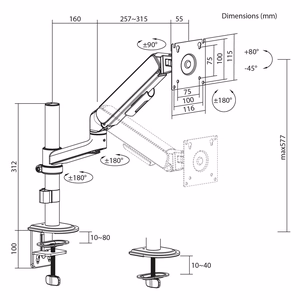 Ergo Office ER-691 W – dujinės spyruoklės monitoriaus laikiklis 17–32 col. ekranams, 1–10 kg, VESA iki 100×100, matinis baltas