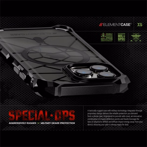 Element Special Ops X5 dėklas, skirtas iPhone 14, su Mil-Spec apsauga nuo smūgių, „Clear / Black“ spalvų derinys