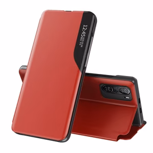 Dėklas telefonui Xiaomi Redmi K40 Pro+ / K40 Pro / K40 / Poco F3, iš ekologiškos odos, elegantiškas atverčiamas dėklas su stovu, raudonas