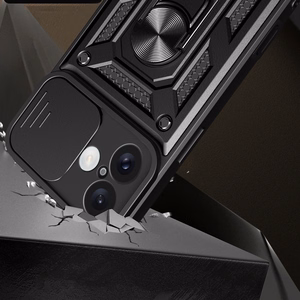 Hybrid Armor Camshield šarvuotas dėklas telefonui iPhone 16 su kameros dangteliu ir stovu - juodas