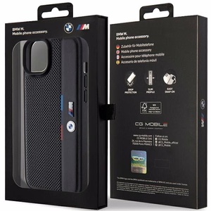 BMW perforuotas trispalvės linijos dėklas telefonui iPhone 15 Plus / 14 Plus - juodas