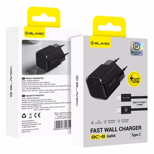 Blavec sieninis įkroviklis BC-6 GaN4 - Type C - PD QC 33W 3A su Type C į Type C laidu (TCBC6G4-CB333A+CC) juodas