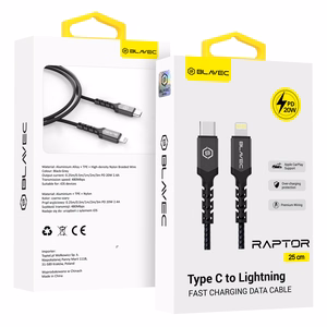 Blavec Cable Raptor braided - Type C to Lightning - PD 20W 2,4A 0,25 metres Apple CarPlay (CRA-CL24BG025) black-grey
