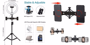 LED žiedinė lempa 26cm, su trikoju stovu iki 1.1m ir 3 telefono laikikliais, USB