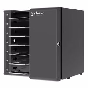 Настольный зарядный шкаф-тележка Manhattan на 7 отсеков USB-C для устройств до 16", 65 Вт, для ноутбуков USB-C, iPad, MacBook, Chromebook и других устройств USB-C, отсеки 402 × 290 × 50 мм, кабели USB-C в комплекте, UK и EU