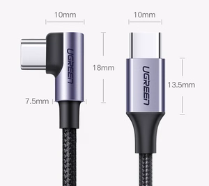 Ugreen US255 50125 кабель USB-C (прямой) / USB-C (угловой) PD QC 60W 3A 2м — серый