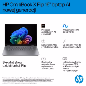 HP OmniBook X Flip 16-ar0016nw Ryzen AI 5 340 16.0" 2K Touch OLED IPS 16GB LPDDR5X SSD 1TB Radeon 840M Win11 sidabrinis nešiojamas kompiuteris