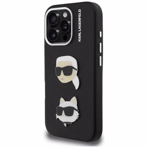 Karl Lagerfeld FW Grained Karl & Choupette Heads Pins Case for iPhone 16 Pro Max - Black