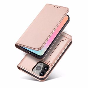 Magnetinis kortelių dėklas Samsung Galaxy S23+ su atverčiamu dangteliu, pinigine ir stovu, rožinis
