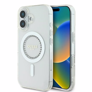 Guess IML Rhinestones magnetinis dėklas telefonui iPhone 16 - baltas
