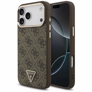 Чехол Guess PU Leather 4G Strass Triangle Logo Gold Frame MagSafe для Apple iPhone 18 Pro Max, коричневый