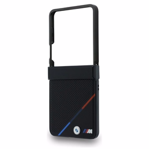 Juodas dėklas „BMW M Leather Perforated Tricolor Stripe Metal Logos“ su „MagSafe“, skirtas „Samsung Galaxy Z Flip8“