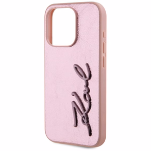 Karl Lagerfeld Wrinkled Metal Signature dėklas telefonui iPhone 15 Pro - rožinė