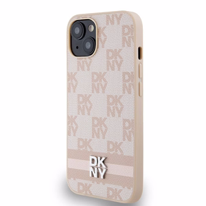 DKNY Leather Checkered Mono Pattern & Printed Stripes dėklas, skirtas iPhone 15 / 14 / 13, rožinis