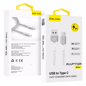 Blavec Cable Raptor braided - USB to Type C - 3A 0,5 meters Apple CarPlay/Android Auto (CRA-UC3WS05) white-silver