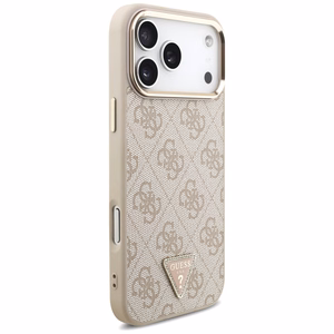 Guess PU Leather 4G Strass Triangle Logo Gold Frame MagSafe case for Apple iPhone 18 Pro Max, Pink