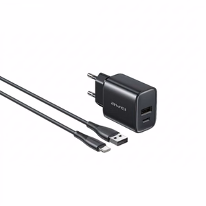 Įkroviklis Awei PD85T-EU 22.5W USB-A/USB-C + USB-A to USB-C cable 1.0m juodas