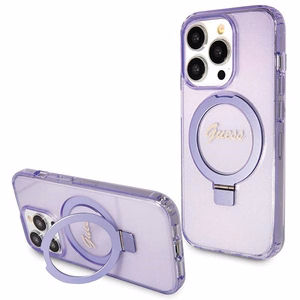Guess Magnetinis dėklas telefonui su žiediniu stovu Script Glitter MagSafe iPhone 14 Pro - violetinė